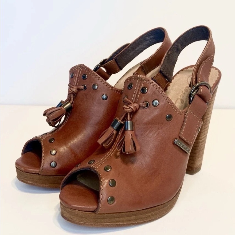 Diesel Cuir Desir Peep Toe Brown Leather Mules size 6.5